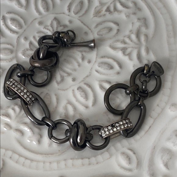 Fossil Gunmetal Silver Chain Link Bracelet with Rhinestones Punk Rebel Rocker - Picture 8 of 12